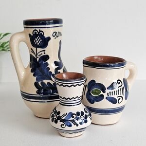Romanian Handcrafted Ceramic Vintage Vase Set Of 3 - Folk Art Decor Pottery Jugs
